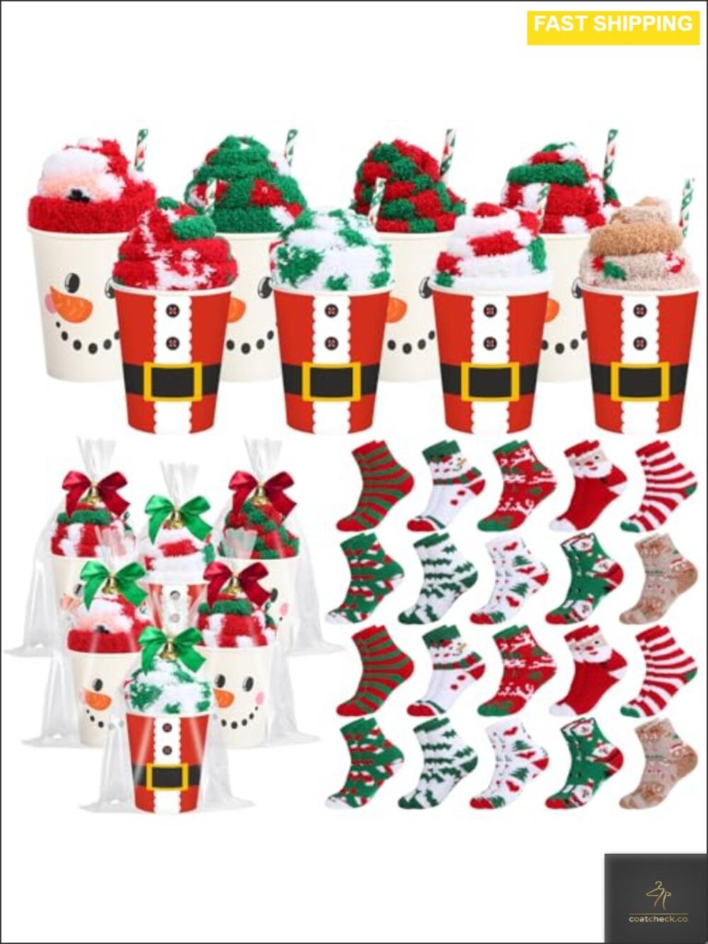Fuzzy Coral Fleece Christmas Crew Socks 20 Pair Gift Set with Cups Straws Bows